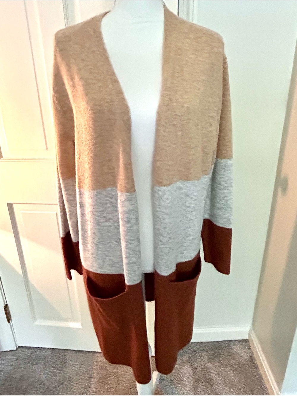 Colorblock Open-Front Long Cardigan - Camel, Light Gray & Brown